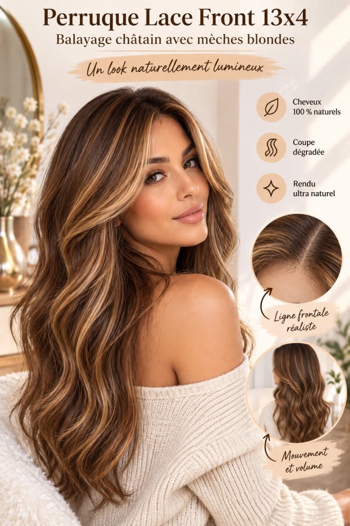 Femme avec un balayage châtaigne et des reflets blonds, affichant un look élégant