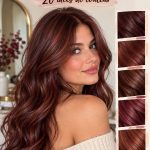 Femme avec les cheveux brun cerise, affichant une nuance lumineuse et captivante.