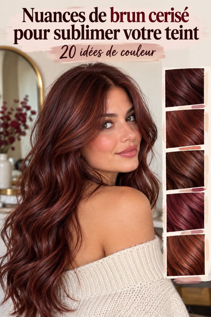 Femme avec les cheveux brun cerise, affichant une nuance lumineuse et captivante.