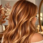 Femme avec des cheveux cuivrés et des reflets blonds brillants.