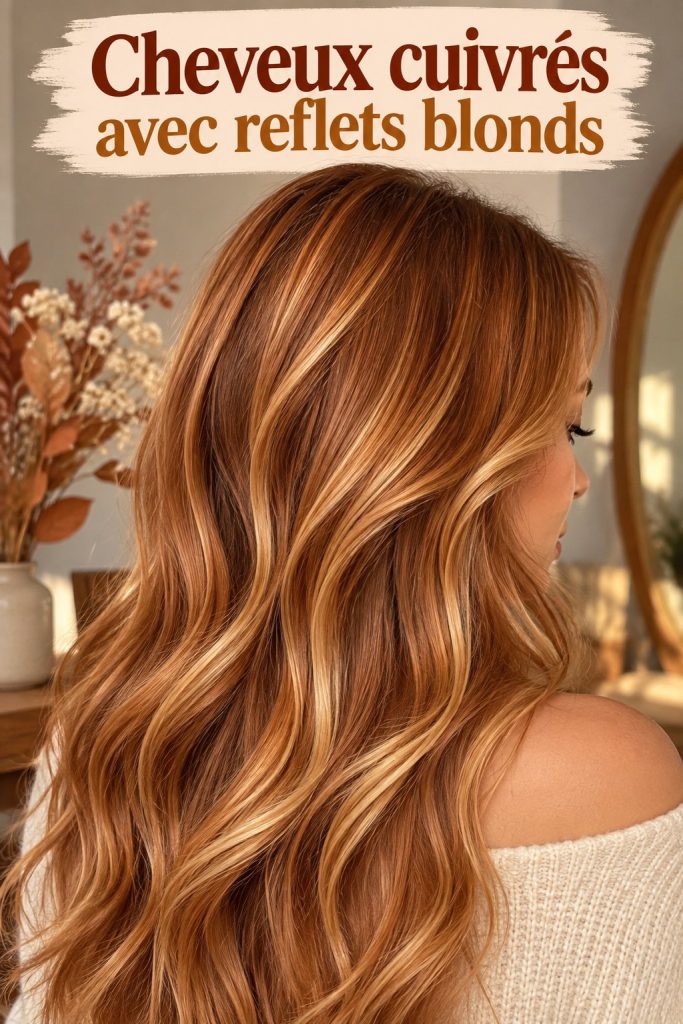 Femme avec des cheveux cuivrés et des reflets blonds brillants.
