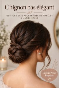 Chignon bas élégant sur une femme avec des cheveux bruns, parfait pour un événement formel.