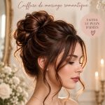 Un chignon décoiffé élégant avec des boucles douces, parfait pour un mariage romantique.