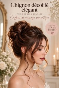 Un chignon décoiffé élégant avec des boucles douces, parfait pour un mariage romantique.