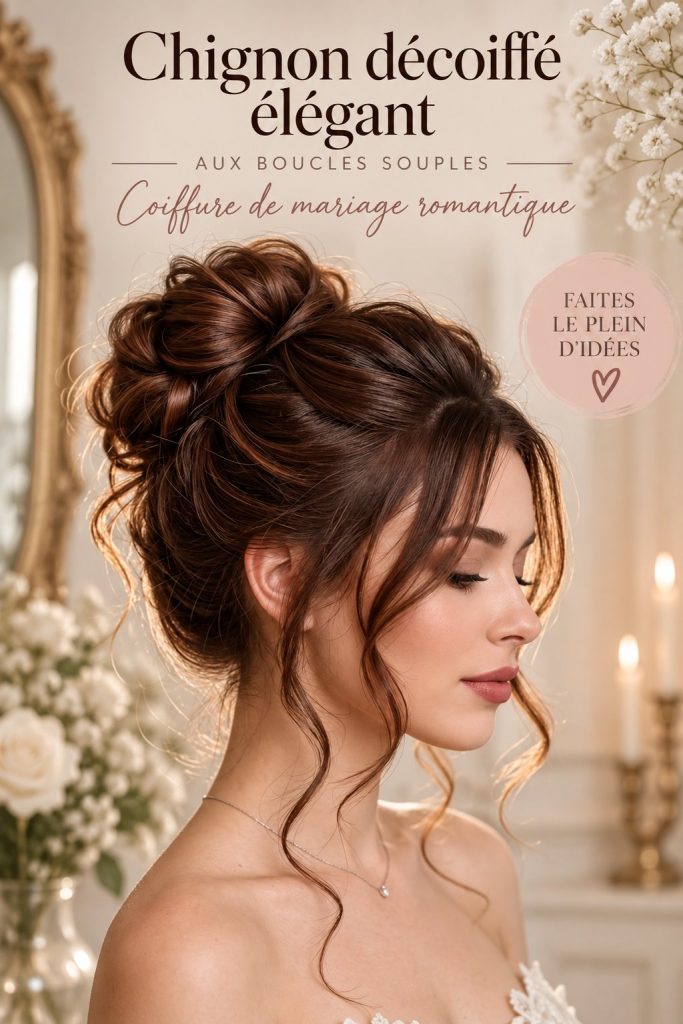 Un chignon décoiffé élégant avec des boucles douces, parfait pour un mariage romantique.