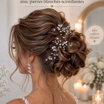Chignon de mariée élégant pour cheveux bruns avec pierres brillantes.