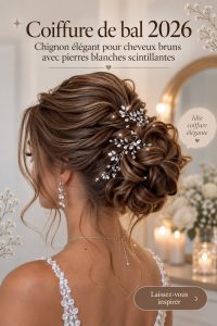Chignon de mariée élégant pour cheveux bruns avec pierres brillantes.