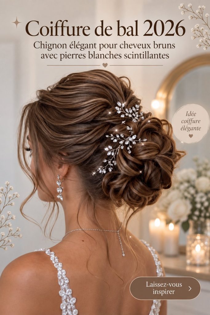 Chignon de mariée élégant pour cheveux bruns avec pierres brillantes.