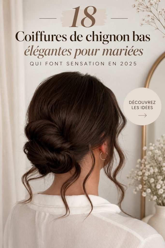 Chignon bas élégant pour mariée avec fleurs d'ornement