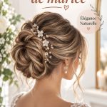 Chignon élégant de mariage avec fleurs blanches et un voile