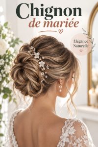 Chignon élégant de mariage avec fleurs blanches et un voile