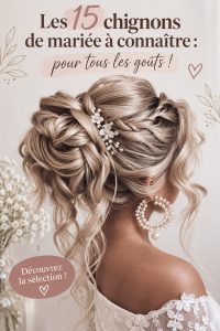 Chignon de mariée élégant avec des fleurs blanches et accessoires scintillants.