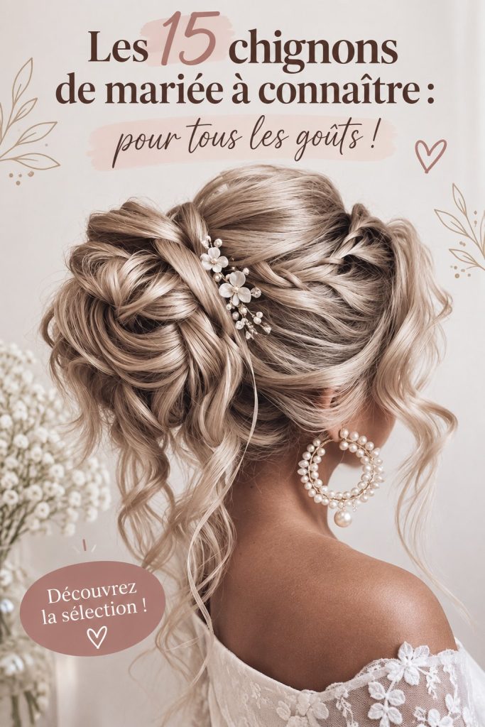 Chignon de mariée élégant avec des fleurs blanches et accessoires scintillants.
