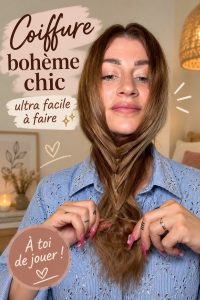 Femme réalisant une coiffure bohème chic avec des tresses et des accessoires.