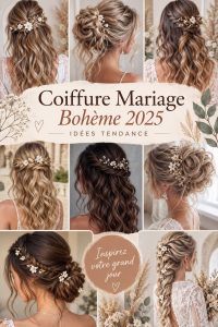 Coiffure bohème élégante avec des fleurs pour un mariage