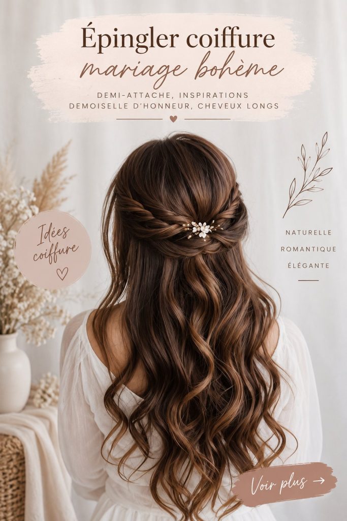 Coiffure bohème avec demi-attache, parfaite pour un mariage