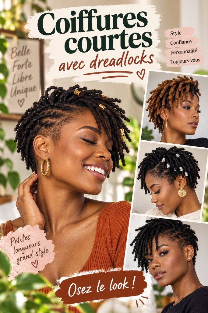 Coiffures courtes avec dreadlocks, mettant en avant différents styles modernes et élégants.