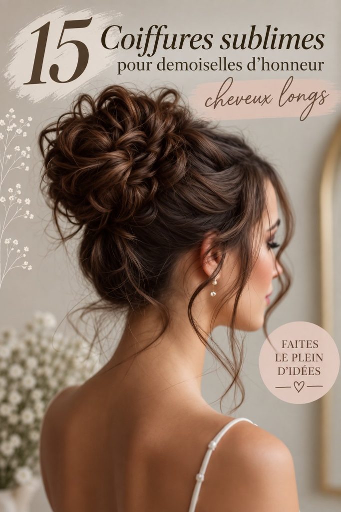 Coiffure élégante de demoiselle d'honneur avec des cheveux longs, prêt pour un mariage.
