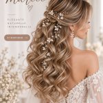Coiffure élégante de mariée avec chignon et fleurs.