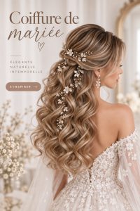 Coiffure élégante de mariée avec chignon et fleurs.