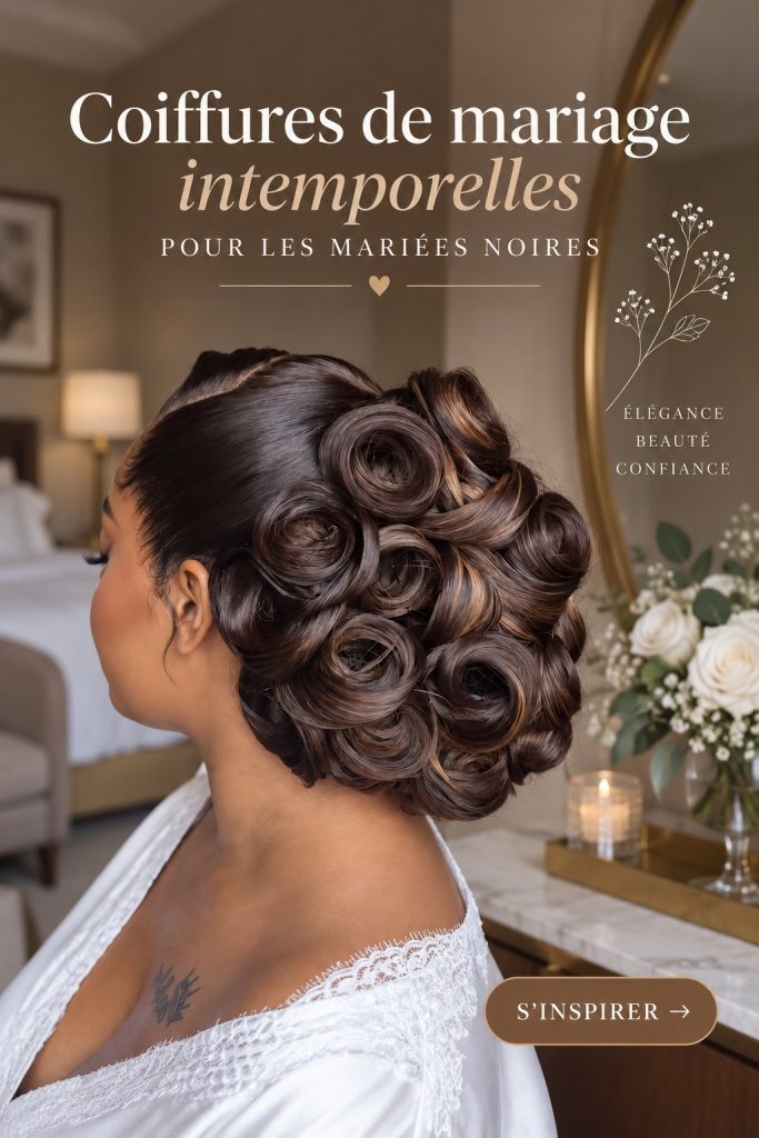 Coiffure élégante pour une mariée noire avec des tresses et des fleurs.