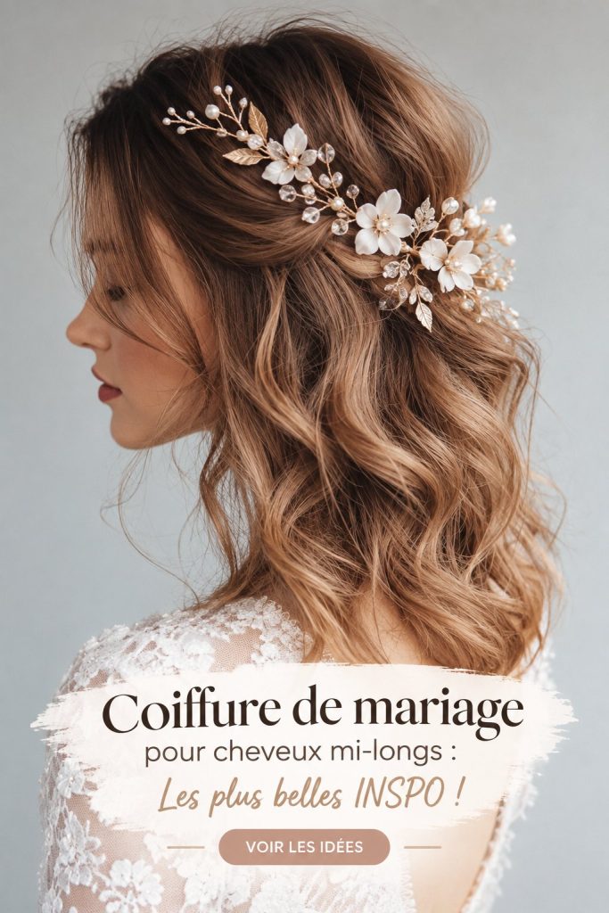 Coiffure de mariage élégante pour cheveux mi-longs avec accessoires floraux