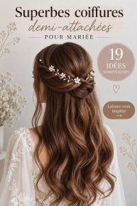 Coiffure demi-attachée élégante pour mariée avec des accessoires floraux