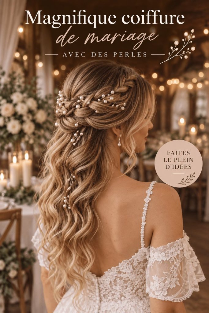 Coiffure de mariage élégante ornée de perles blanches