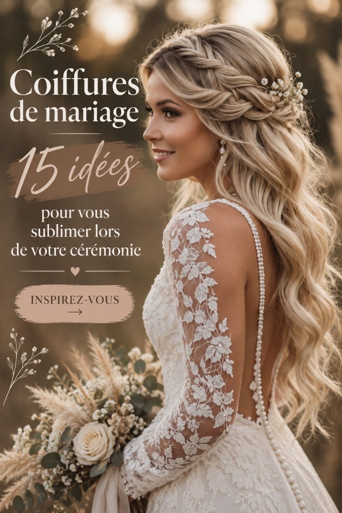Coiffure de mariage élégante réalisée avec des tresses et des fleurs fraîches