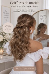 Coiffure de mariage semi-ouverte avec des embellissements scintillants, mettant en valeur la beauté de la mariée.