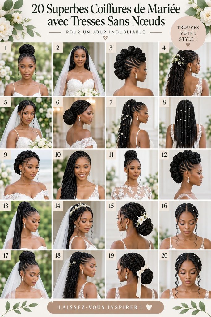 Coiffure de mariage avec tresses sans nœud décorée de fleurs