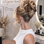 Chignon haut élégant et sophistiqué pour une mariée avec des fleurs.