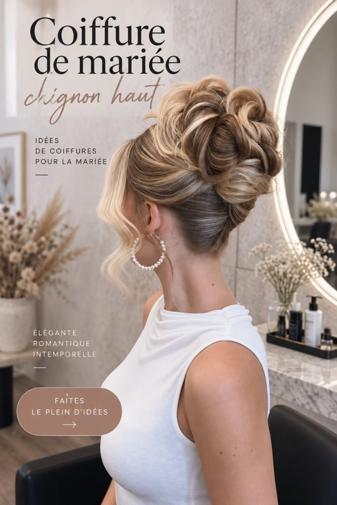 Chignon haut élégant et sophistiqué pour une mariée avec des fleurs.