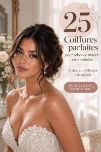 Coiffure élégante pour une mariée avec une robe strapless