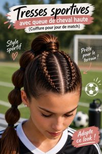 Femme avec des tresses sportives et un chignon haut prêt pour un match