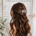 Une mariée moderne avec une coiffure tombante élégante le jour de son mariage.