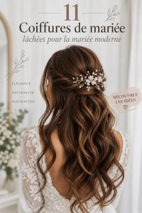Une mariée moderne avec une coiffure tombante élégante le jour de son mariage.