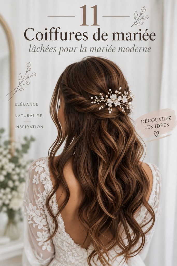 Une mariée moderne avec une coiffure tombante élégante le jour de son mariage.