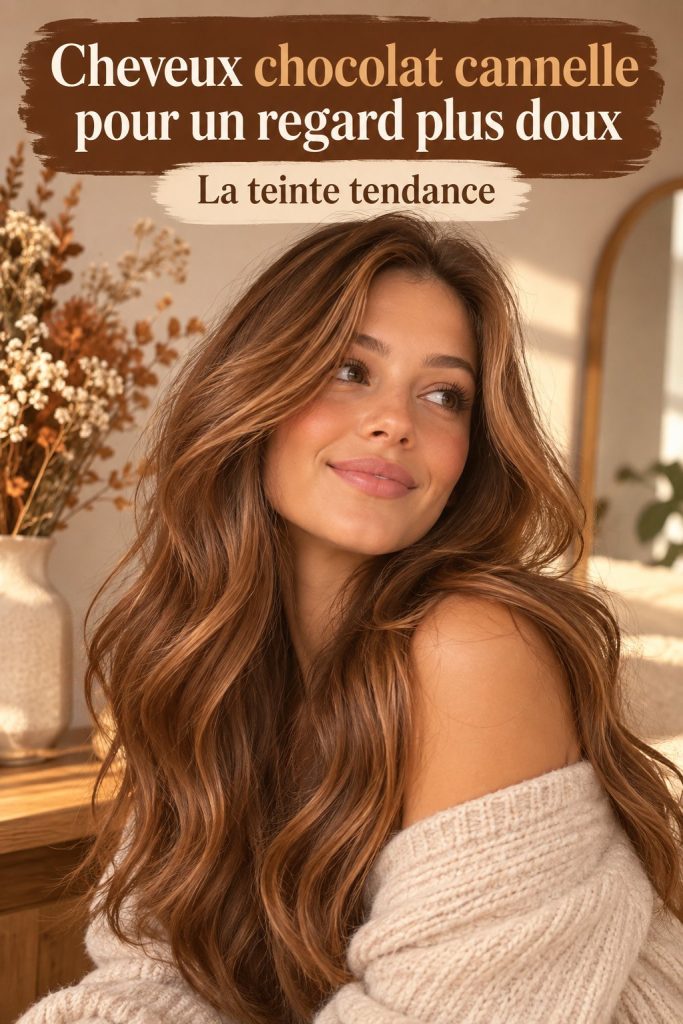 Cheveux châtain chocolat cannelle avec un éclat lumineux, stylisés