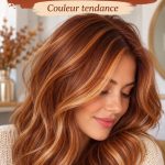 Femme avec des cheveux cuivrés et des reflets brillants, montrant le style et la texture de la couleur