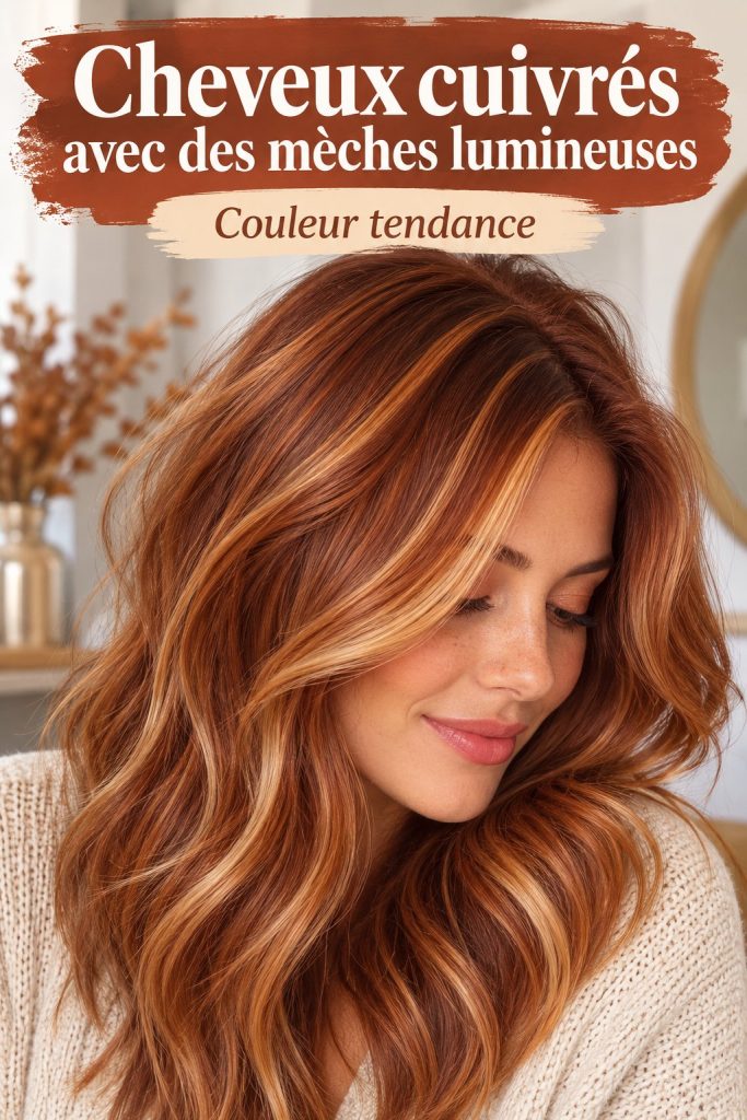 Femme avec des cheveux cuivrés et des reflets brillants, montrant le style et la texture de la couleur
