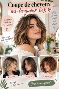 Femme avec une belle coupe de cheveux bob mi-long dans un cadre extérieur lumineux.