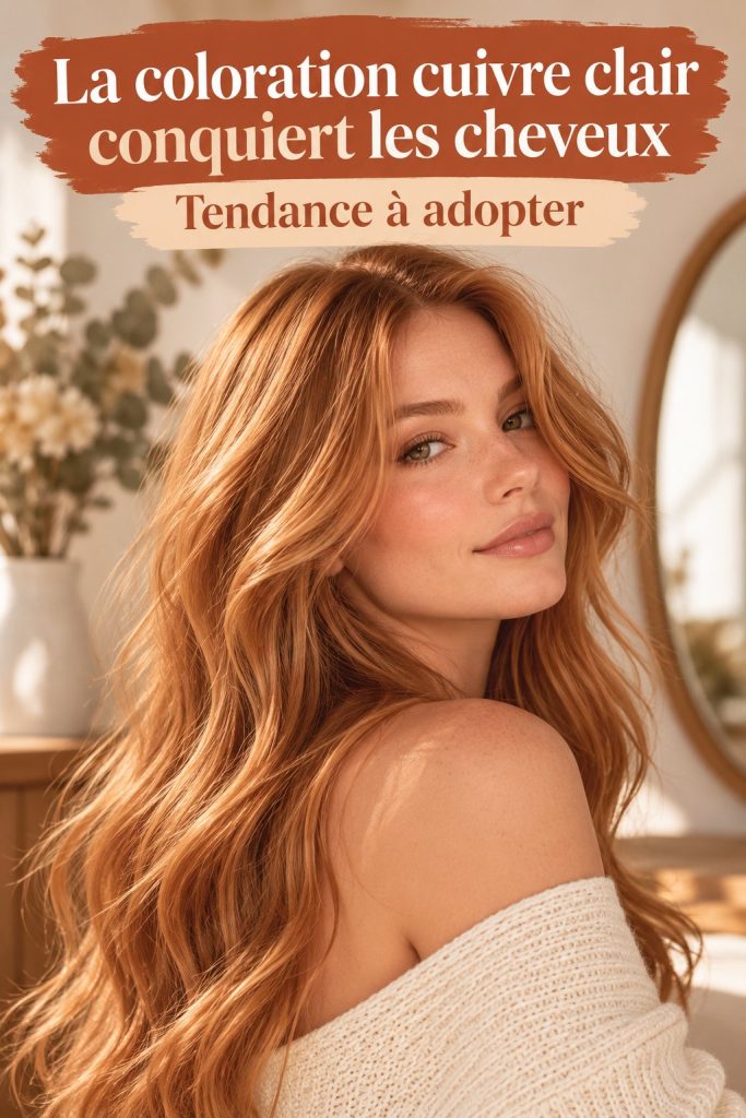 Femme avec des cheveux cuivrés éclairés, mettant en valeur la tendance capillaire actuelle.