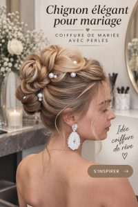 Dutt élégant pour mariage avec perles scintillantes.