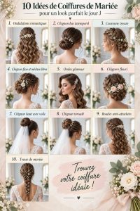 Coiffure de mariée élégante avec un chignon et des fleurs
