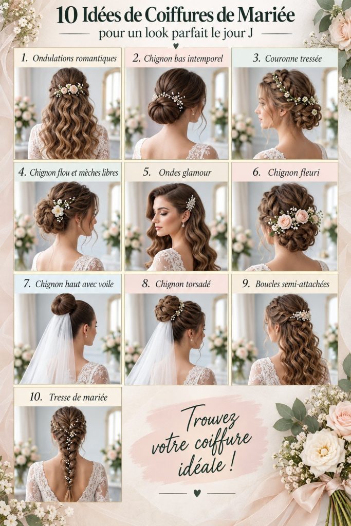 Coiffure de mariée élégante avec un chignon et des fleurs