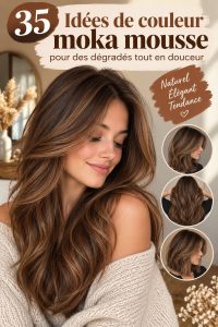 Femme avec des cheveux moka élégants et des mèches lumineuses.