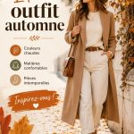 Tenues d'automne présentées sur un fond stylisé, mettant en avant des looks élégants et modernes.