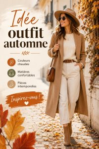 Tenues d'automne présentées sur un fond stylisé, mettant en avant des looks élégants et modernes.