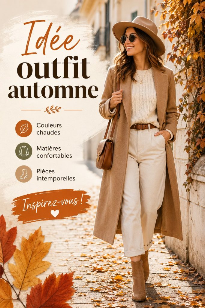Tenues d'automne présentées sur un fond stylisé, mettant en avant des looks élégants et modernes.